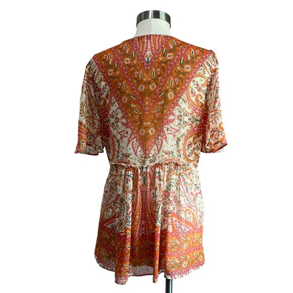Rose Olive Sheer Paisley V Neck Boho Blouse Size M - Picture 2 of 9